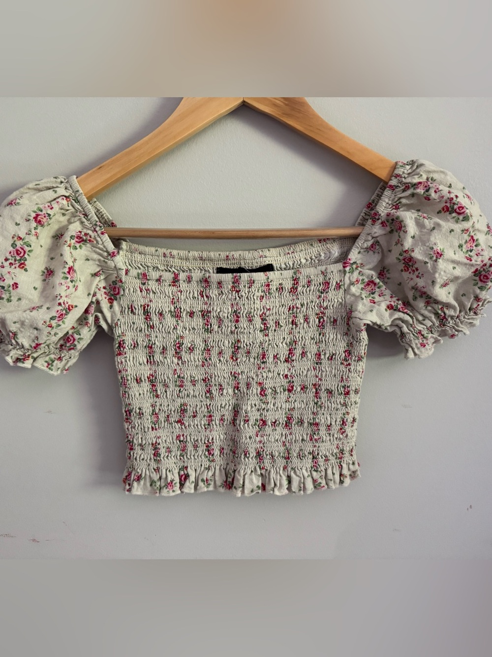 Katie J NYC White Smocked Top with Pink Floral Print